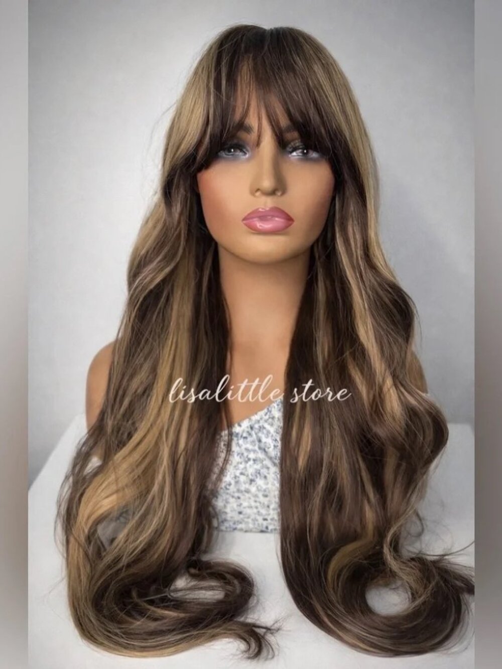 Long Layered Brunette Wig with Honey Blonde Highlights | Soft Waves
